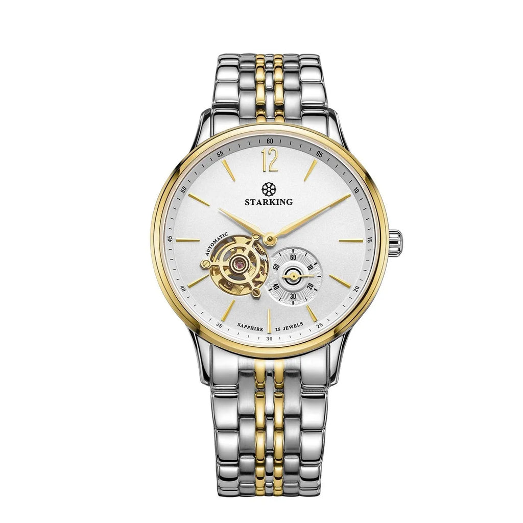 Automatic mechanical men's business watch with brown leather strap and stainless steel case.