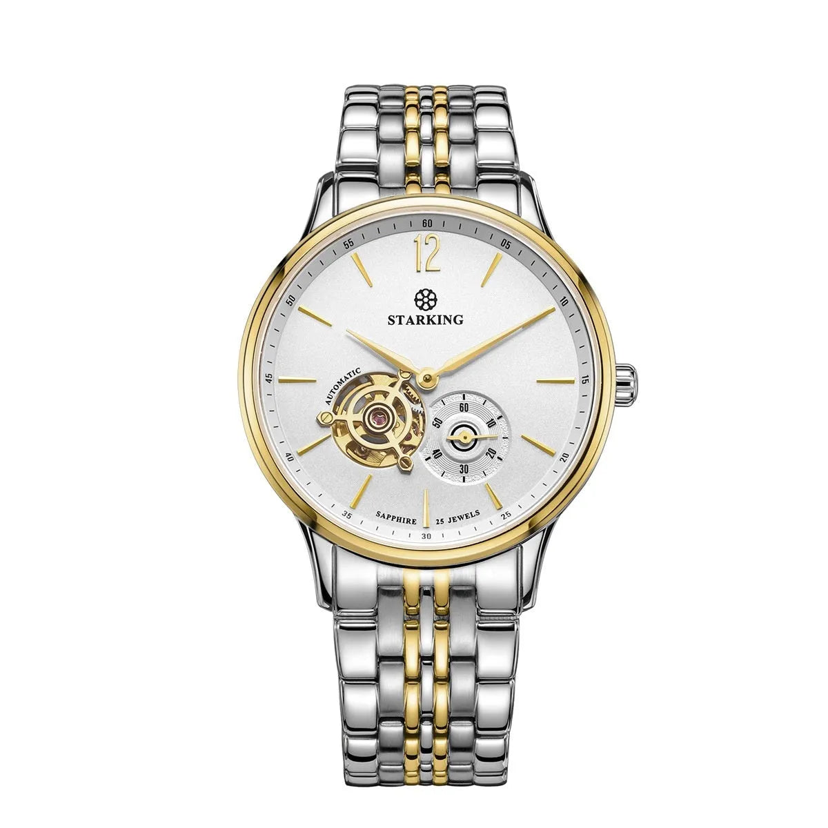 Automatic mechanical men's business watch with brown leather strap and stainless steel case.