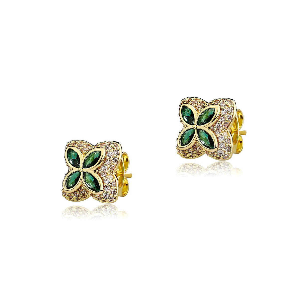 Four-leaf clover stud earrings with full diamond micro inlay, copper base, flower and leaf shape