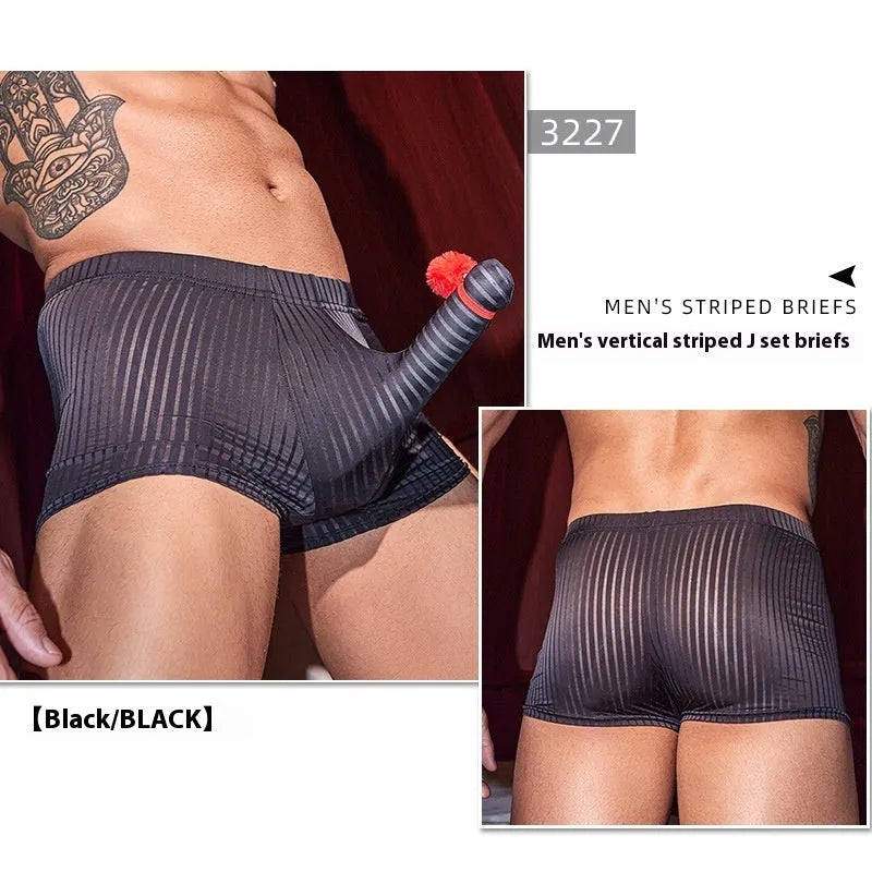 Men's black vertical stripe boxer briefs made from nylon fabric on a grey background