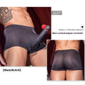 Men's black vertical stripe boxer briefs made from nylon fabric on a grey background