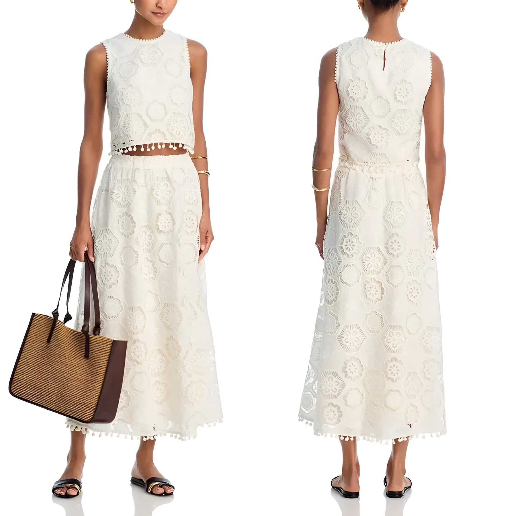 White sleeveless women’s suit with embroidered long skirt and top set