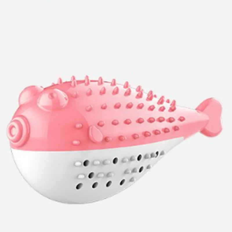 Blue silicone fish-shaped chew and teaser toy for cats on a plain background.