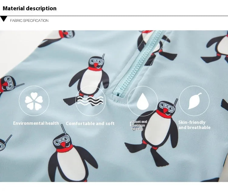 Boys' penguin print swimming costume set with long sleeves and matching swimming cap