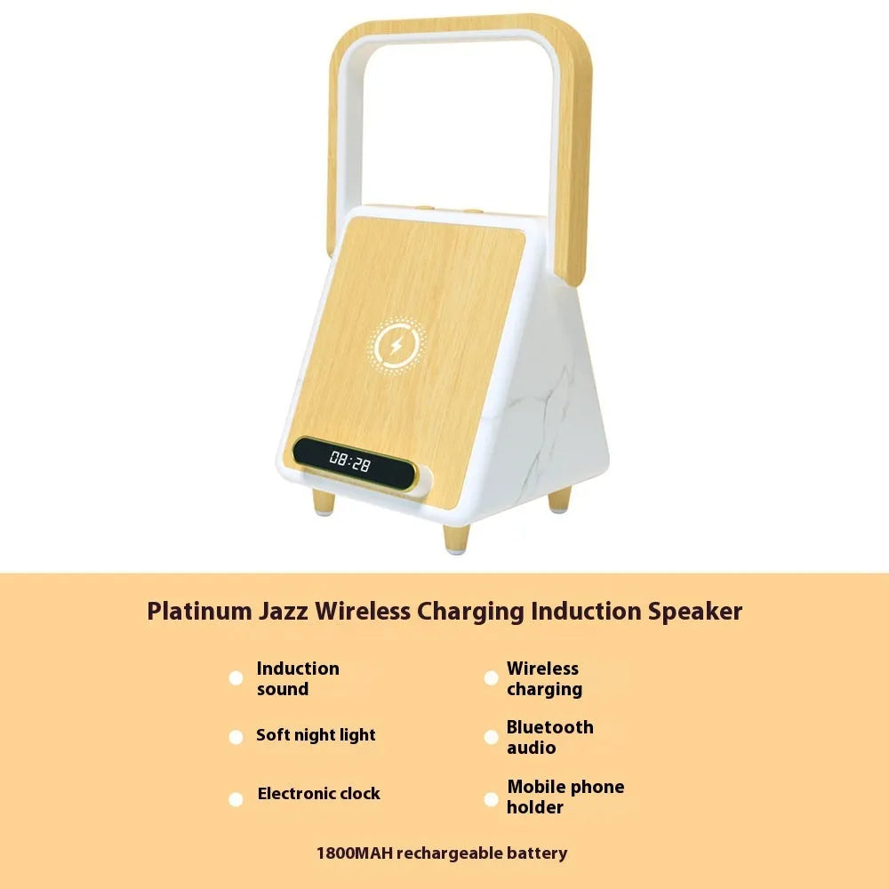 Wireless charging induction Bluetooth speaker small night lamp in Platinum Jazz finish on a wooden surface.