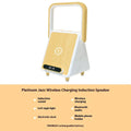 Wireless charging induction Bluetooth speaker small night lamp in Platinum Jazz finish on a wooden surface.