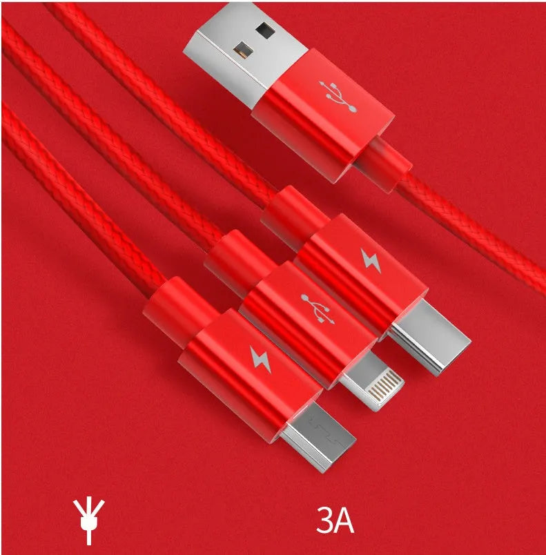 3-in-1 charging cable with USB-C, Micro-USB, and Lightning connectors, 1.2m, black/red/blue