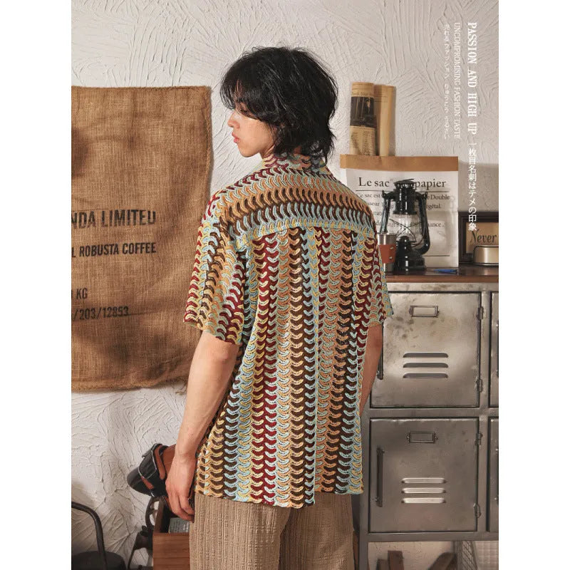 Grey short sleeve shirt with Japanese Cuban collar and hollow jacquard pattern, slim fit for plus sizes.