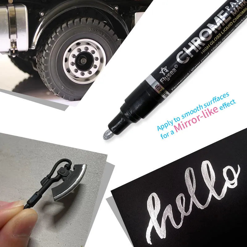 Chrome-plated reflective paint marker pen with 3.0mm tip on glass surface showing silver writing