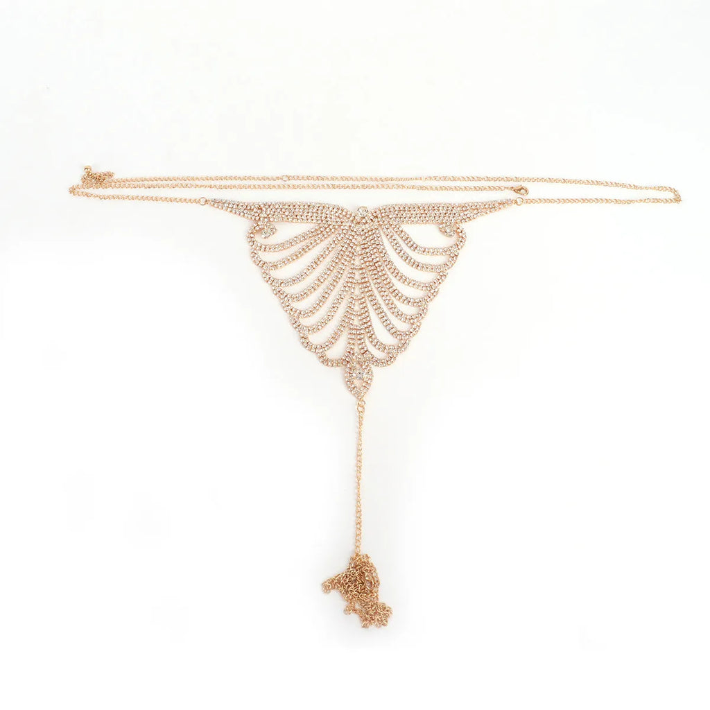 Women's gold and silver metallic body chain bra and panties set for parties and festivals