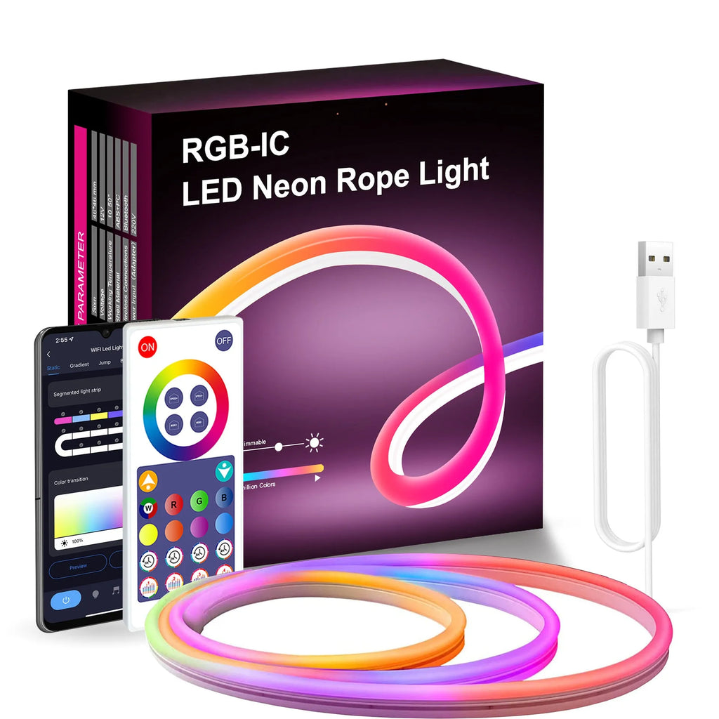 3 metre long USB-powered RGB magic colour neon LED light strip with remote control on a white background.
