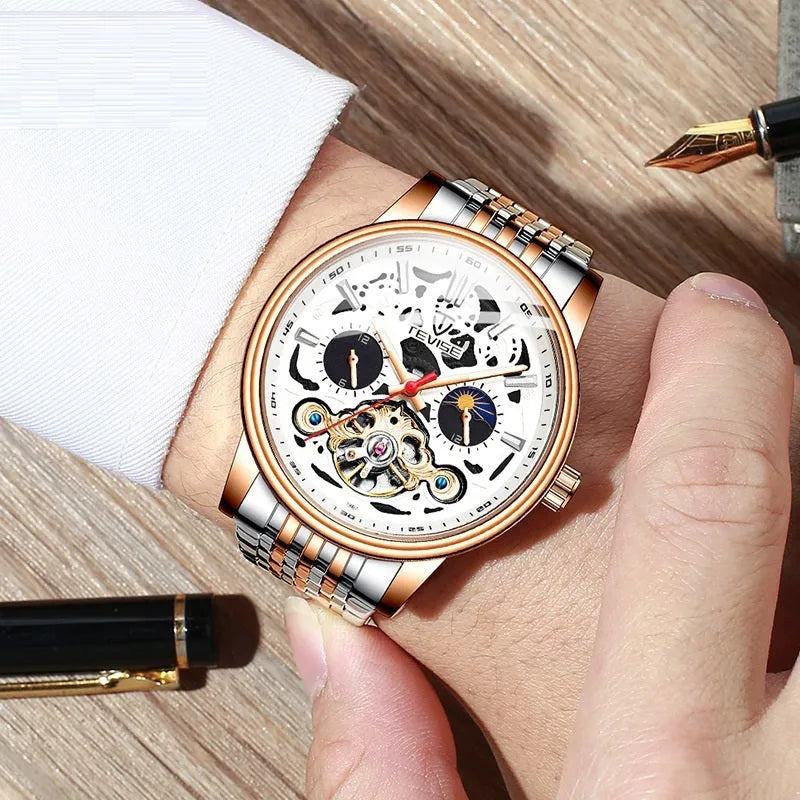 Men's black dial tourbillon mechanical watch with luminous hands on a leather strap.