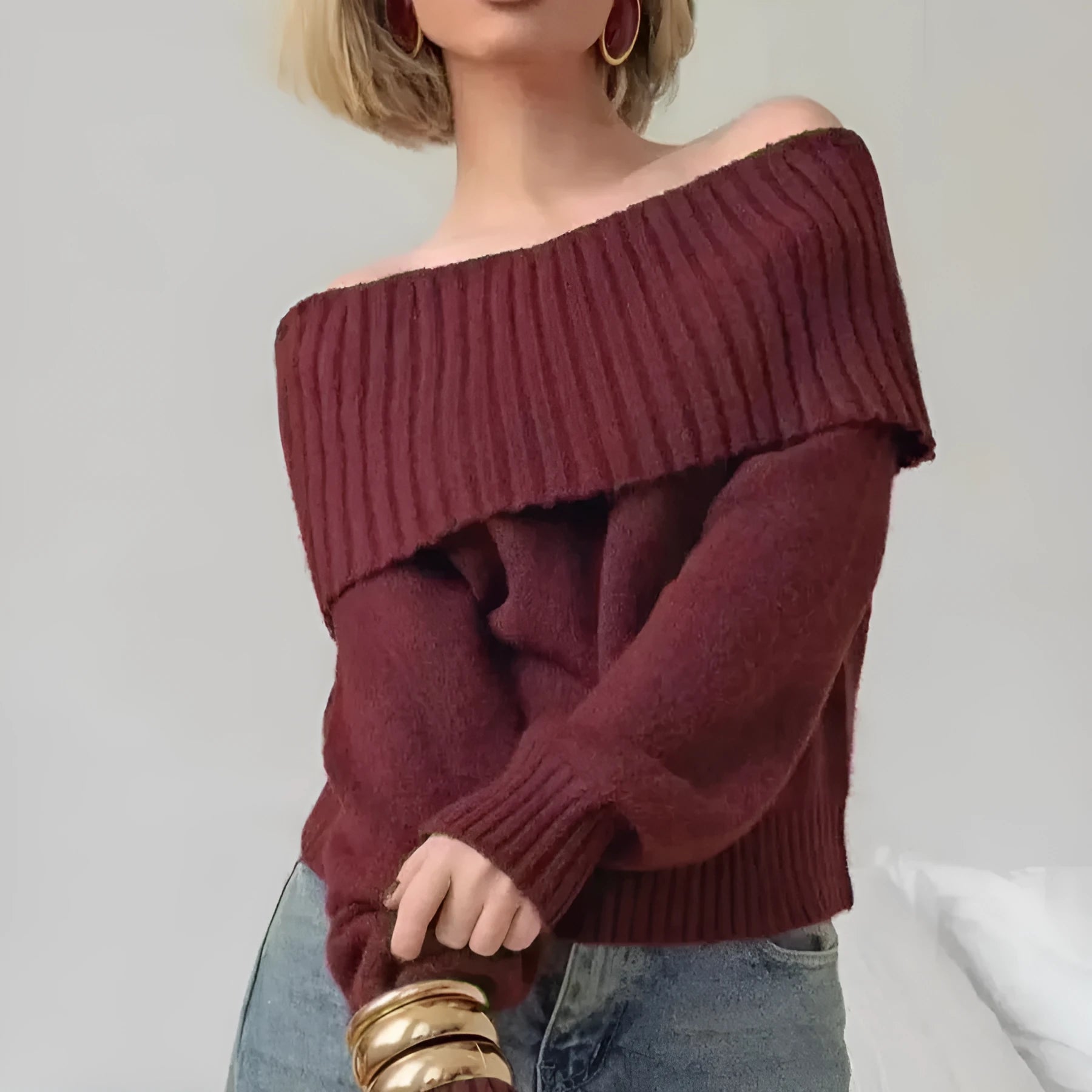 Grey off-the-shoulder acrylic sweater with strapless design and 3D pattern texture