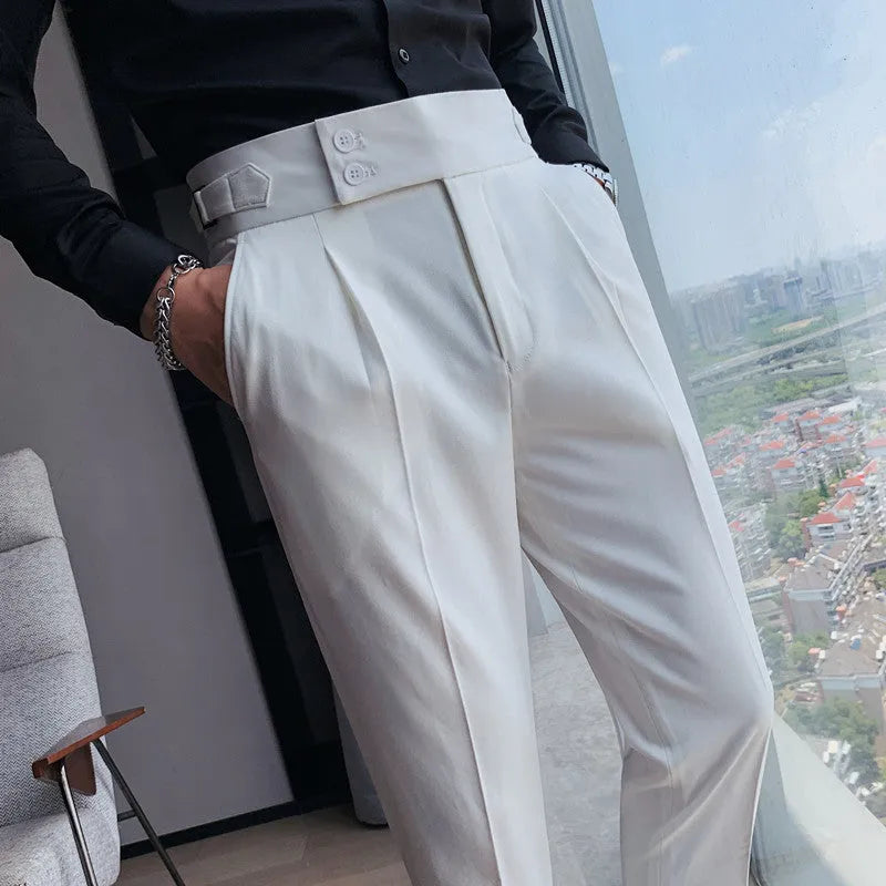 Straight-leg casual trousers in polyester fabric shown in a solid colour on a model.