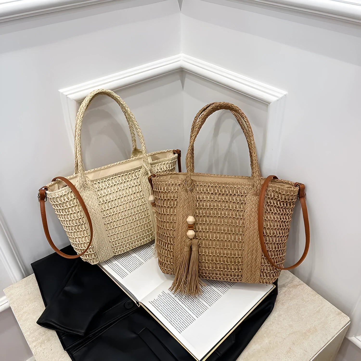 Women's straw crossbody shoulder bag in milky white colour with woven texture