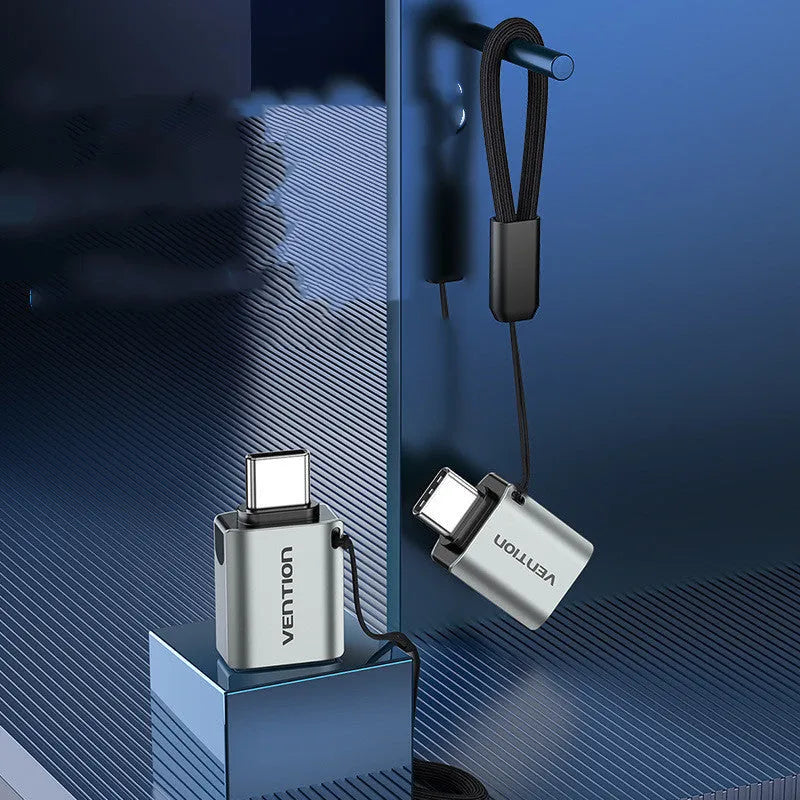 Grey aluminium USB 3.0 C Male to A Female OTG adapter with detachable lanyard