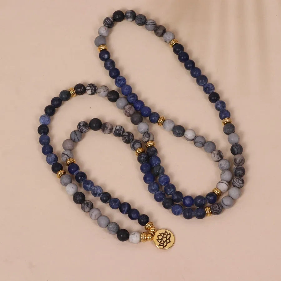 Blue patterned network stone beads on multi-layer alloy bracelet with fresh sweet natural style