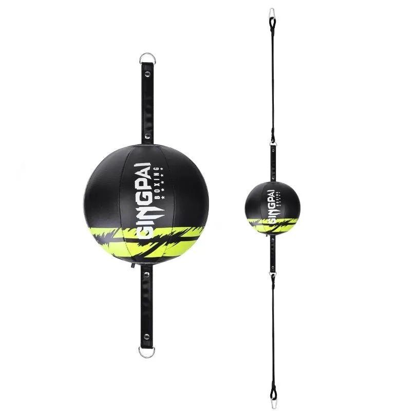 A black, black and green, or white PU leather hanging boxing speed ball for reaction training.
