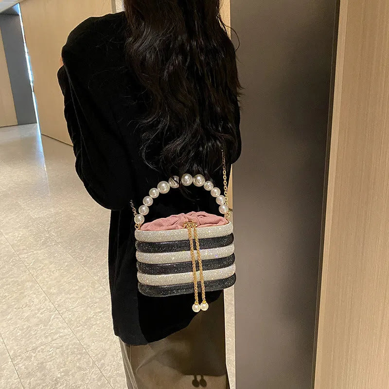 Round soft PU crossbody bag for women with beaded detail and a single strap, shown in a selection of colours.