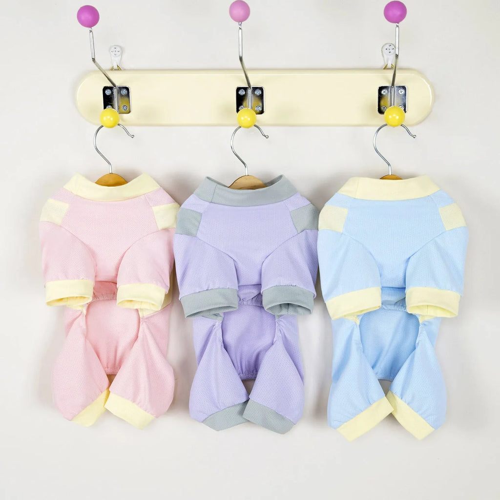 Ice silk mesh polyester pet sun protection suit in blue, pink, or purple, one-piece pet clothing sizes S-XXL