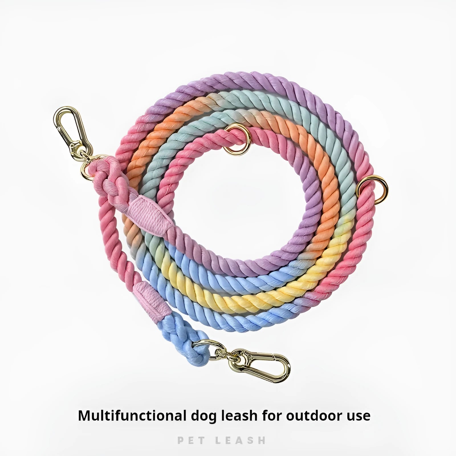 Woven double head dog leash in rainbow colour with gold metal fittings shown at full length