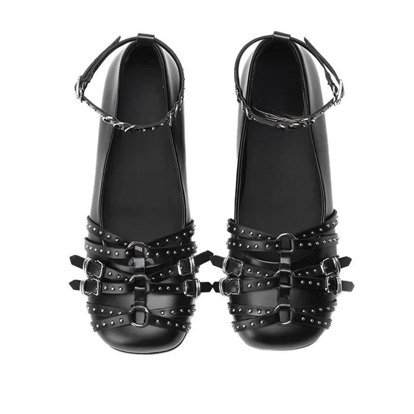 Women's black genuine leather retro flat shoes with buckle fastening and square toe design