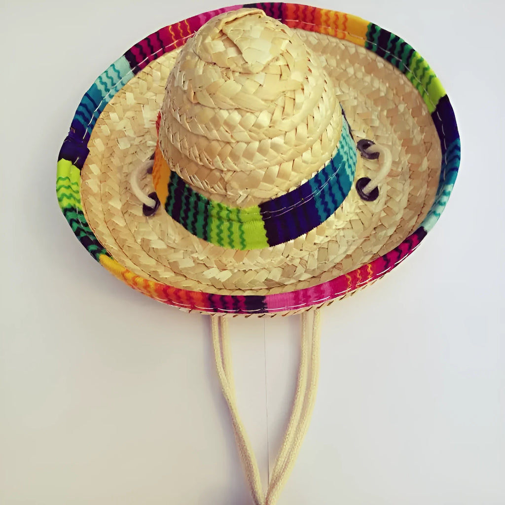 Mini woven straw pet hat for small dogs and cats, one size, 16cm diameter, Mexican-style pattern