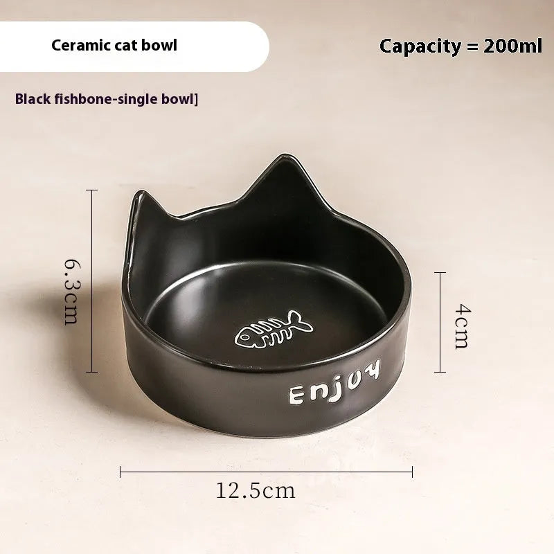 Ceramic cat bowl set with wooden anti-slip frame in cat paw design