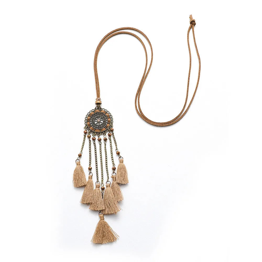 Bohemian double-layer pendant tassel necklace in alloy with adjustable chain