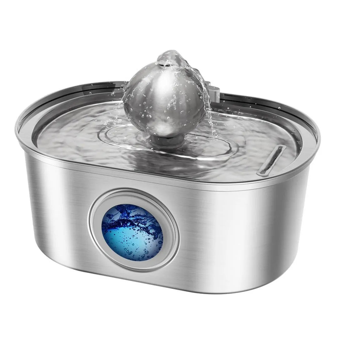 Stainless steel pet water dispenser with round basin and window faucet for dogs and cats.