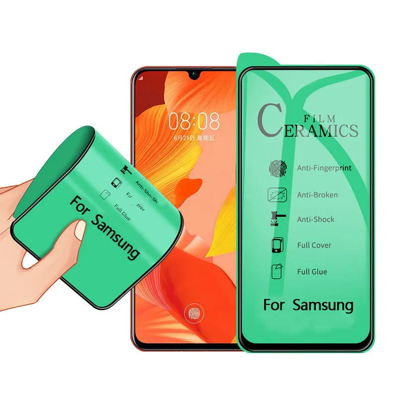 Tempered glass anti-peep privacy screen protector for a Samsung mobile phone.