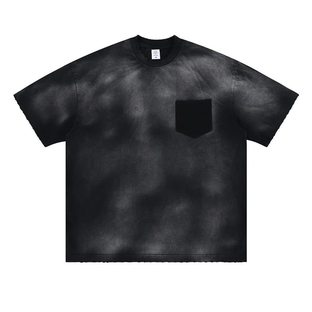 Men's black loose fit cotton t-shirt with drop-shoulder sleeves and white letter pattern print.