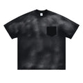 Men's black loose fit cotton t-shirt with drop-shoulder sleeves and white letter pattern print.