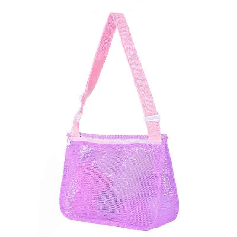Blue nylon mesh travel storage bag with zip closure for children's toys and clothes
