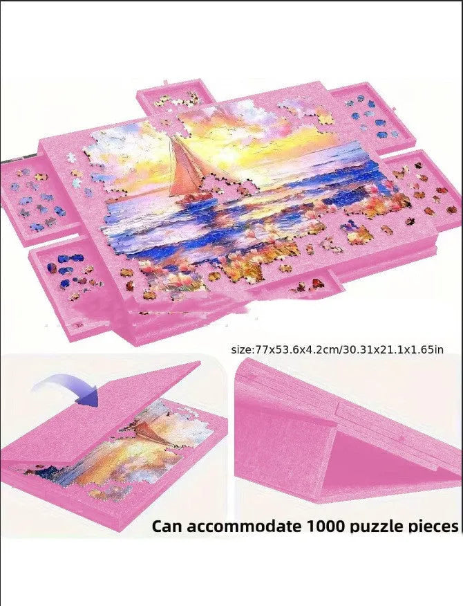 Portable children's felt jigsaw puzzle board with drawer in light grey, blue, or pink, sizes 60x40 and 77x53