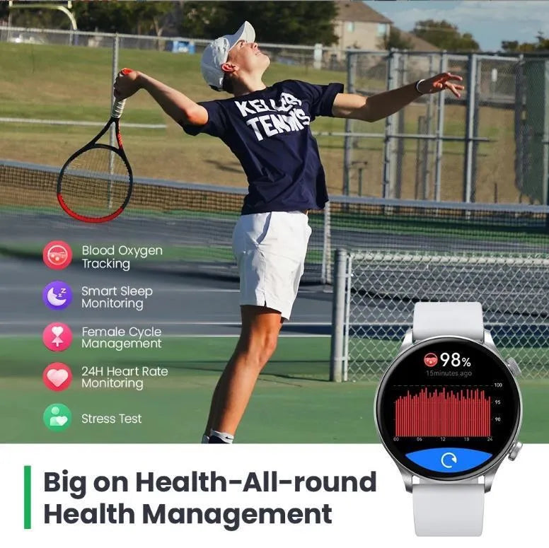 Black or white Bluetooth smartwatch on wrist showing AMOLED display with heart rate and call icons.