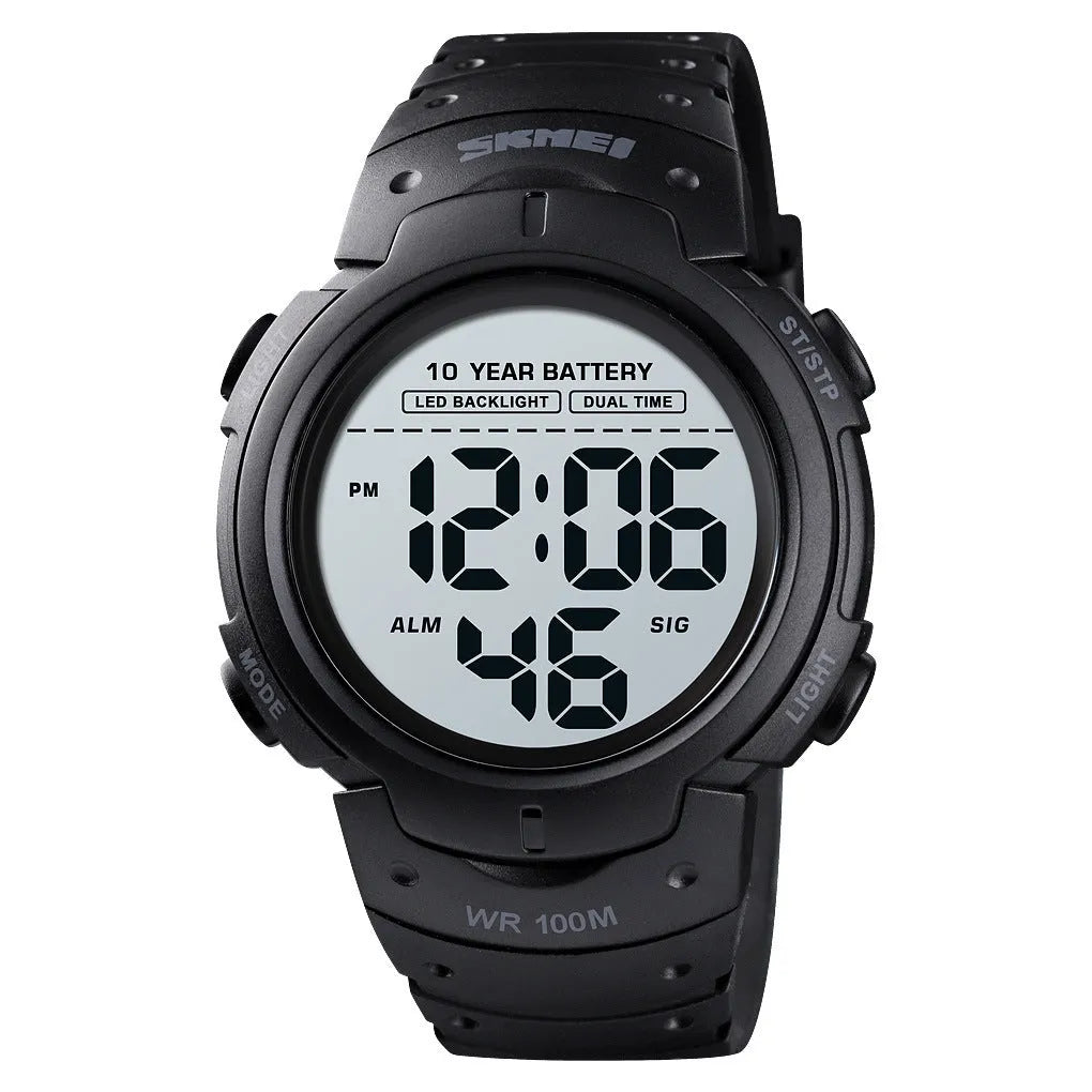 Men's army green outdoor sports watch with circular 47mm dial, luminous LED display, and PU strap