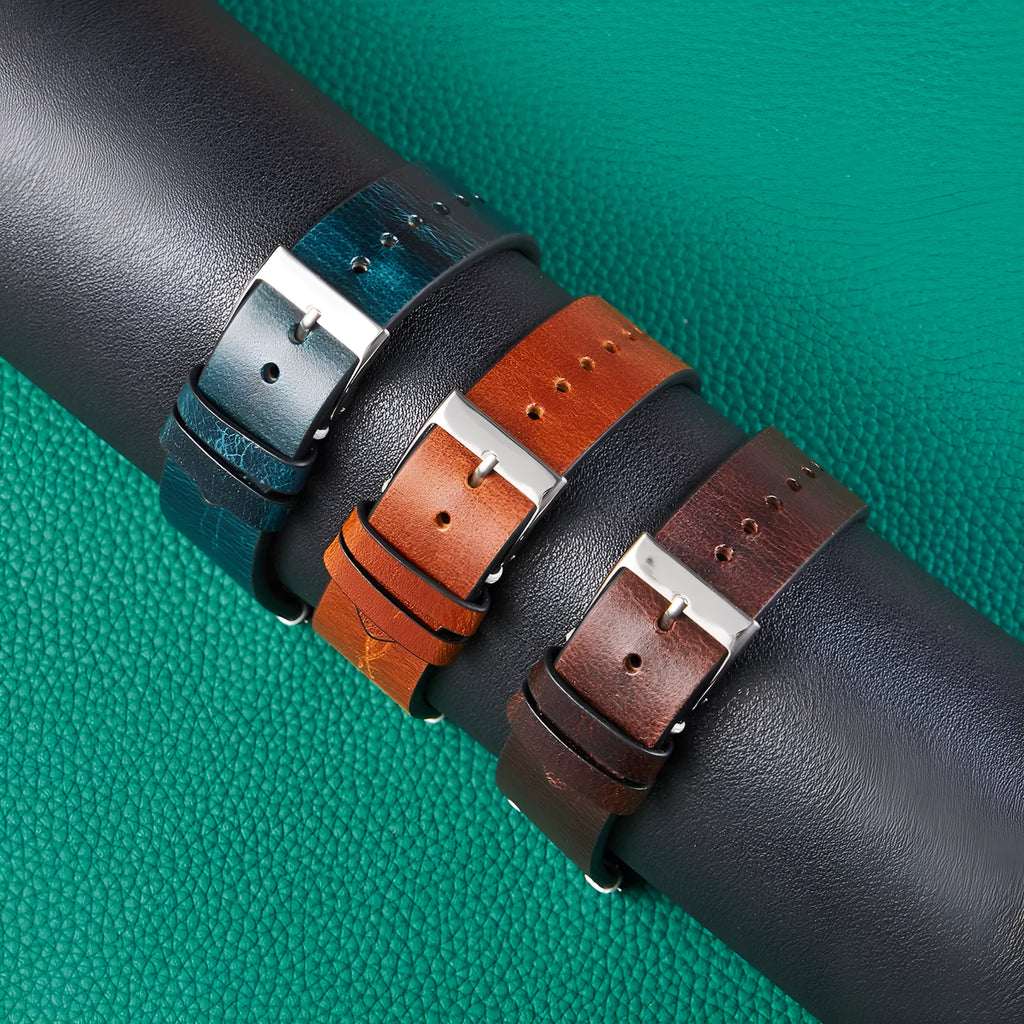 Italian oil wax discoloration leather watch strap in six colours with quick-release pins, 20mm and 22mm sizes