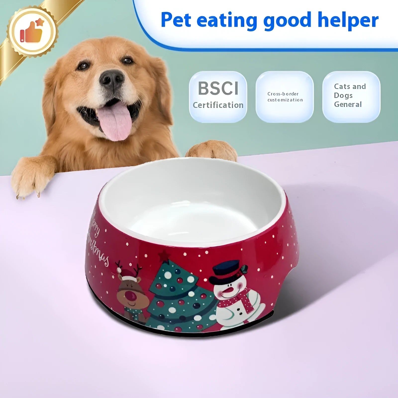Red double-layer pet bowl with stainless steel insert for dogs and cats, shown in three size options.