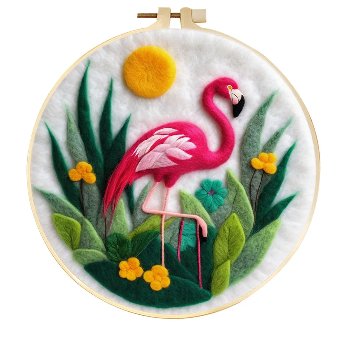 Round linen embroidery frame with wool felt floral decoration kit for three-dimensional wall art