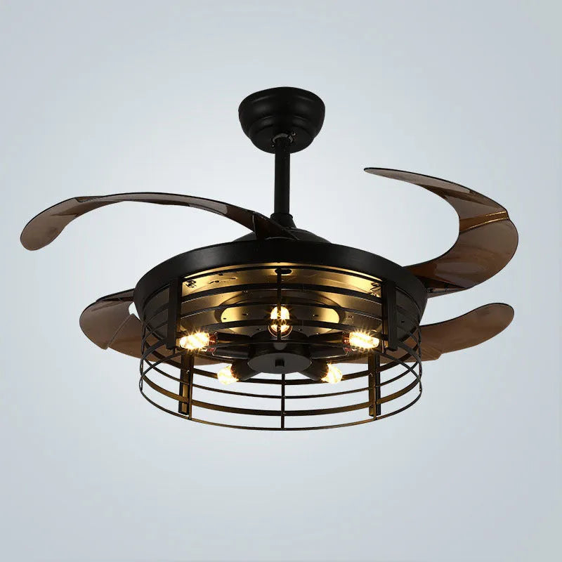 American retro-style ceiling fan lamp with retracted acrylic blades and integrated light shade, remote control on table.