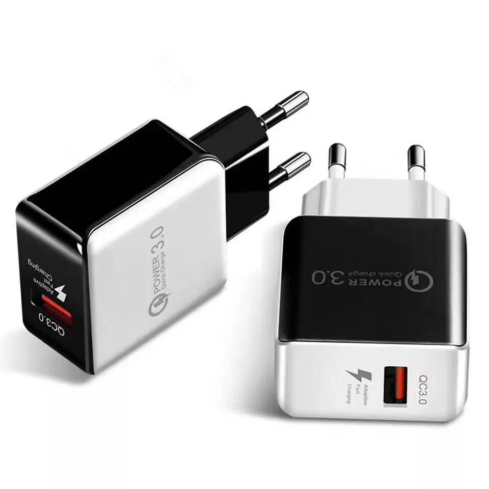 QC30 5V3A USB charger head with bare metal finish, black American standard plug, single USB port