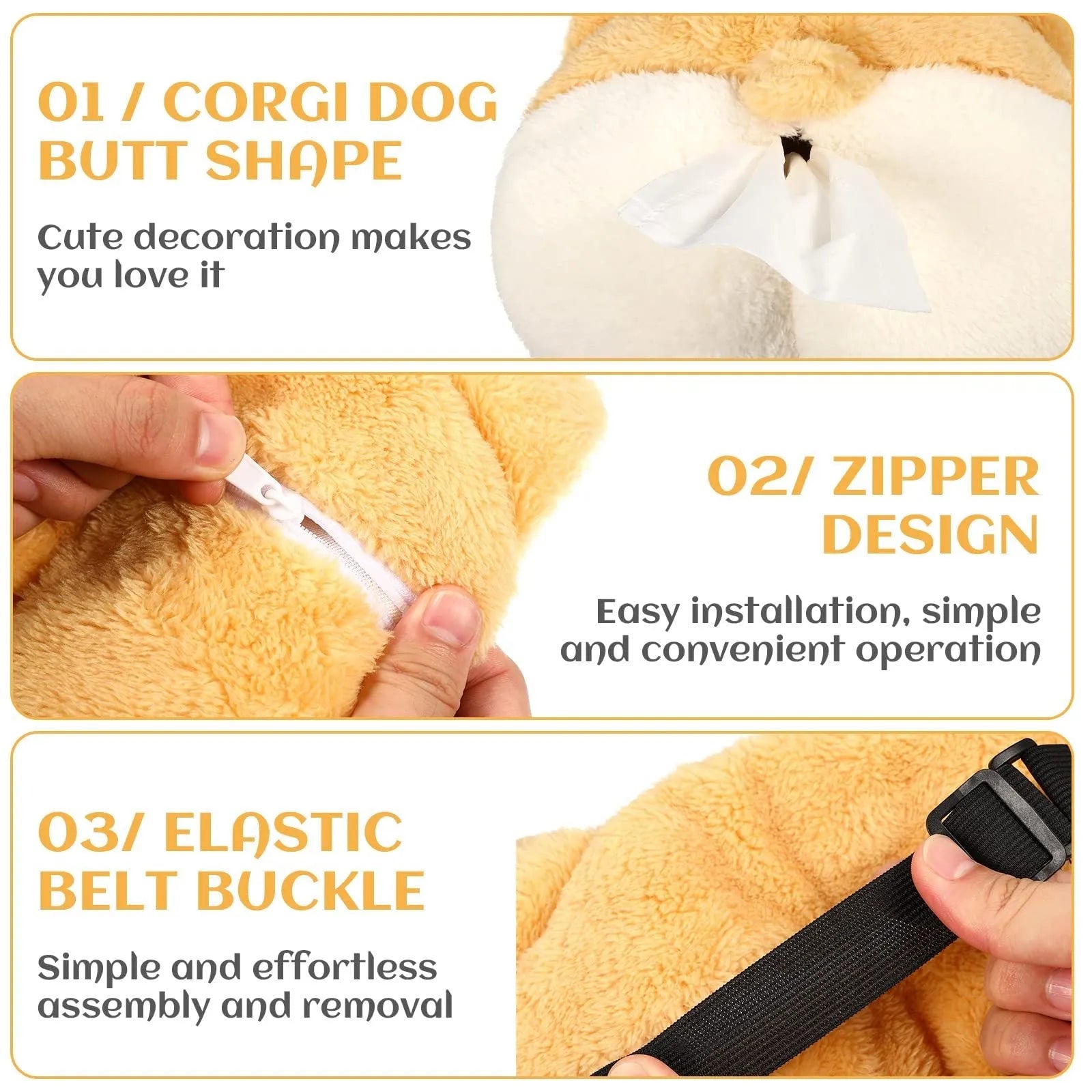 Yellow corgi butt shaped car tissue box cover with elastic strap for sun visor mounting.