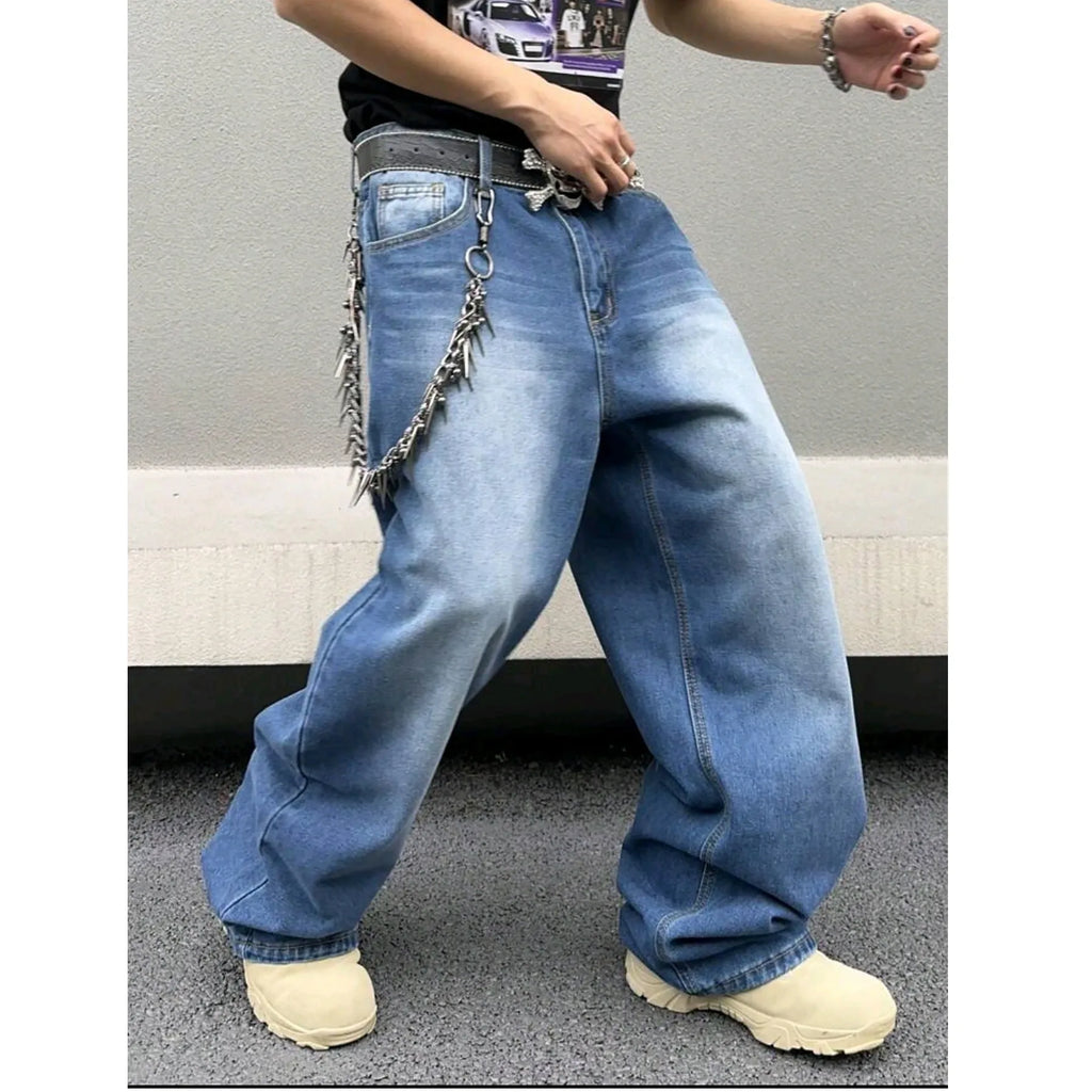Men's sky blue straight leg jeans in cotton denim with loose fit, zip fly and casual style