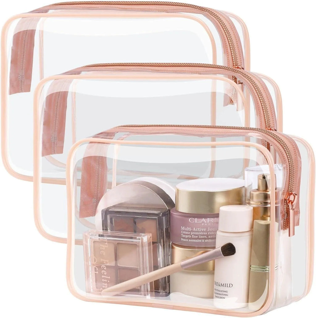 PVC transparent makeup bag in semi-transparent black, pink and white colours with zip closure