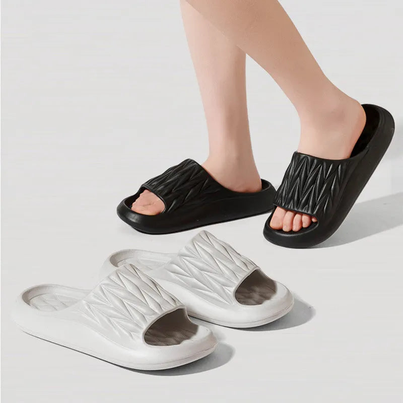 Leaf texture patterned EVA slippers for indoor household use, shown in various colours.