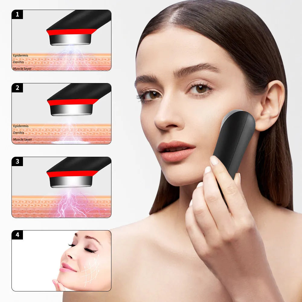 Black 7 colour light vibration eye and face massager on a dark background.