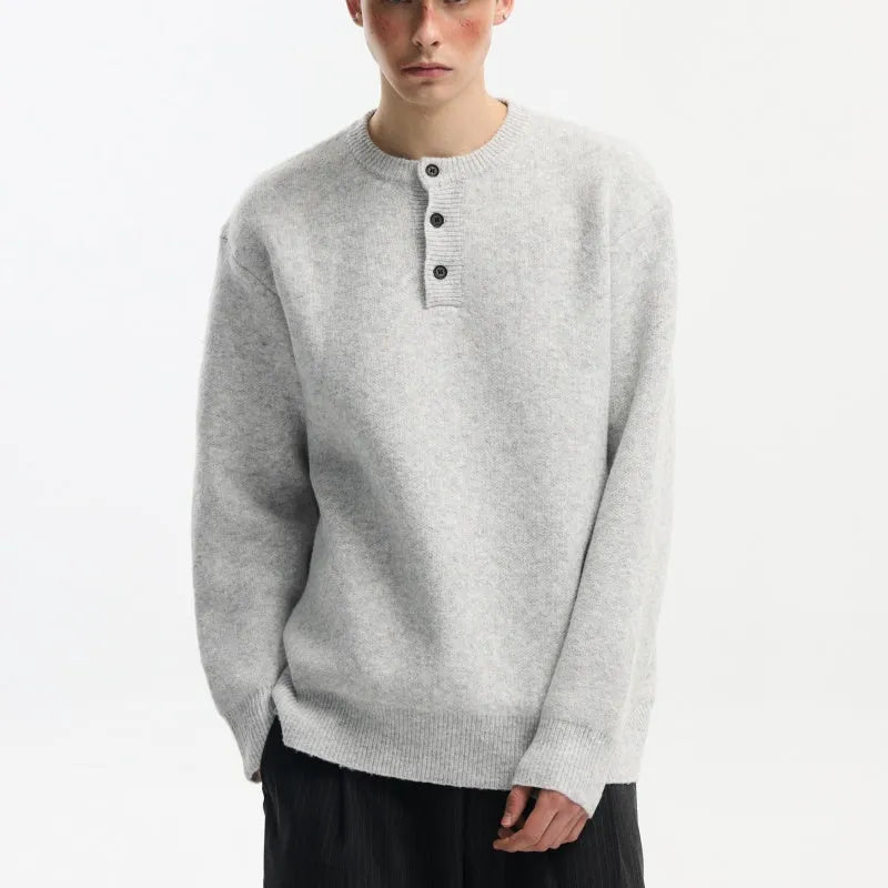 Men's polyester pullover sweater in khaki, loose fit, button closure, autumn winter warm wear.