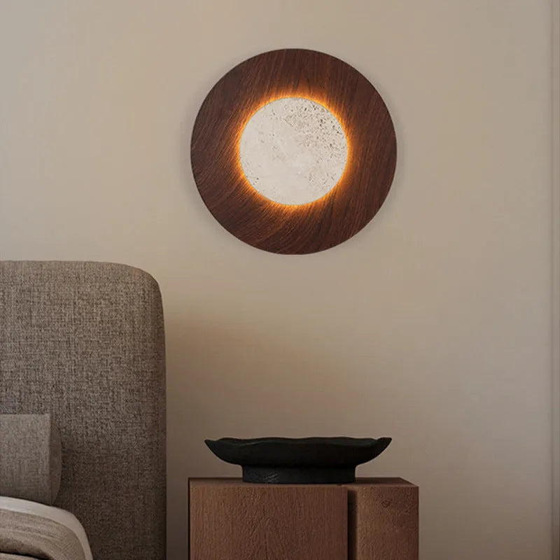 Round retro bedside wall lamp with yellow travertine lampshade and wood art body