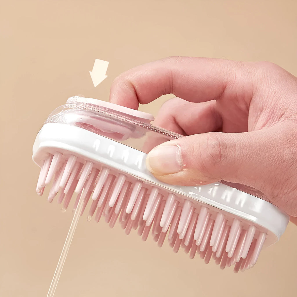 Grey and pink silicone pet bath brush with detachable head for dogs and cats.